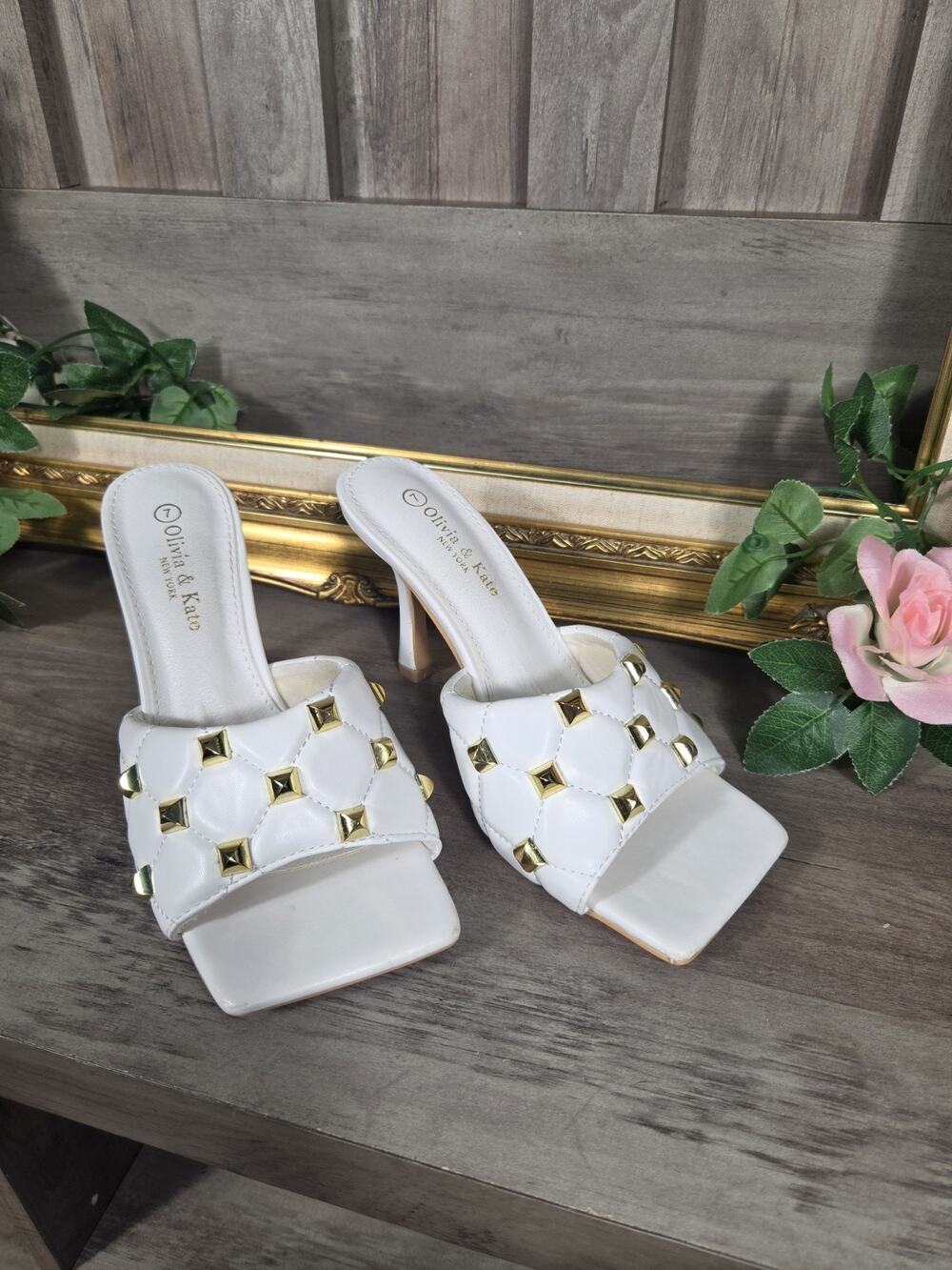 Olivia & Kate White Quilted Studded Mule Heels Women's 7 Square Toe Slide Sandal